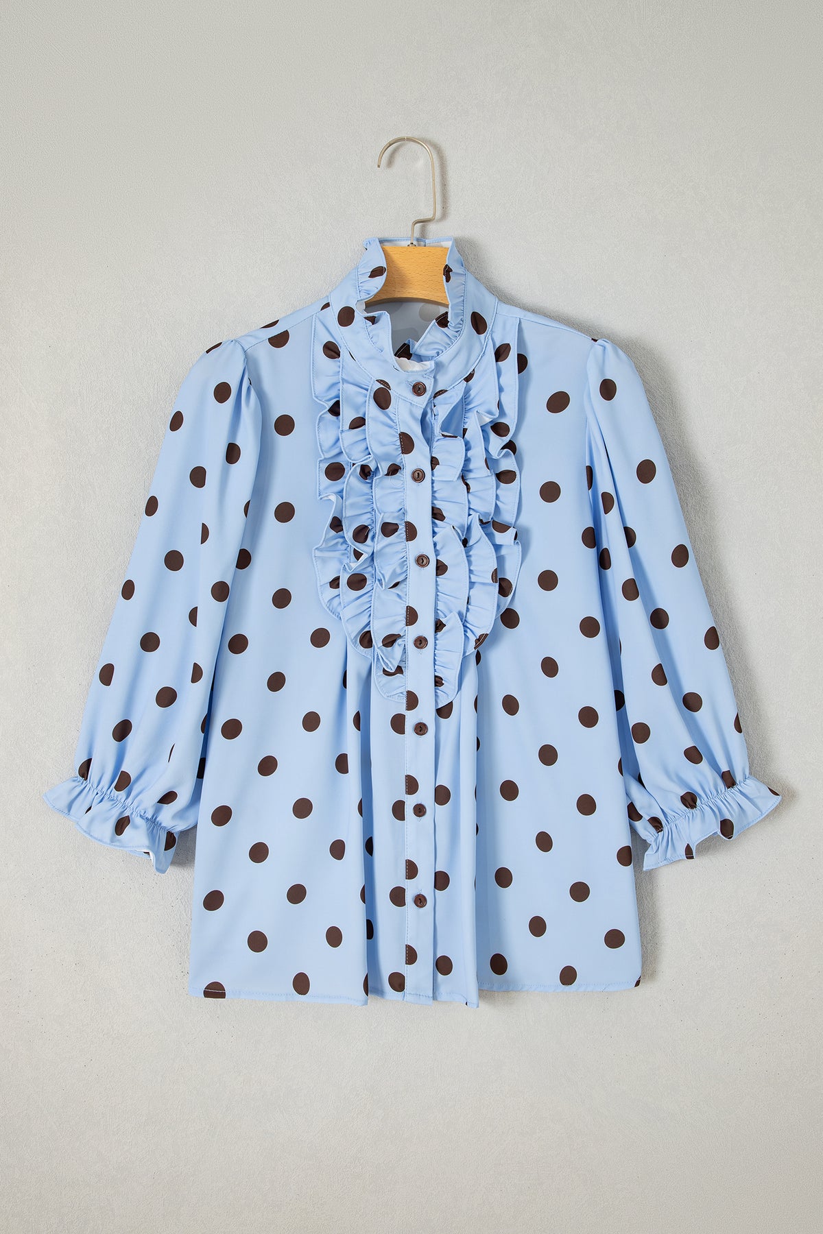 Fiery Red Polka Dot Striped Print Ruffle Stand Shirt