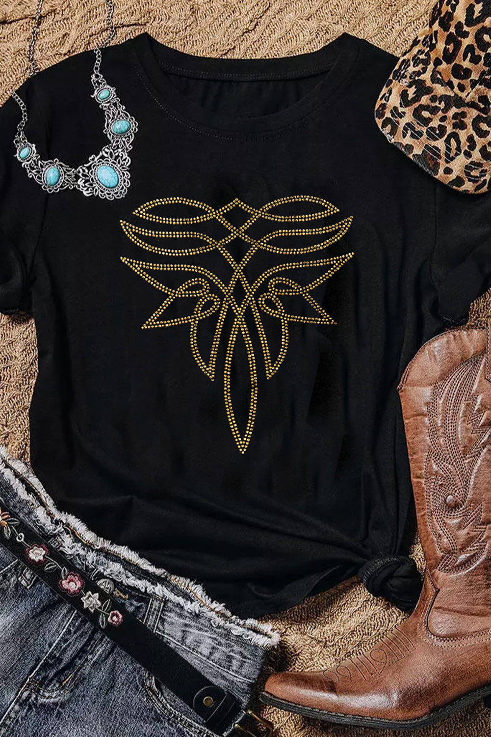 Black Rhinestone Western Pattern Cotton Blend Graphic T-Shirt