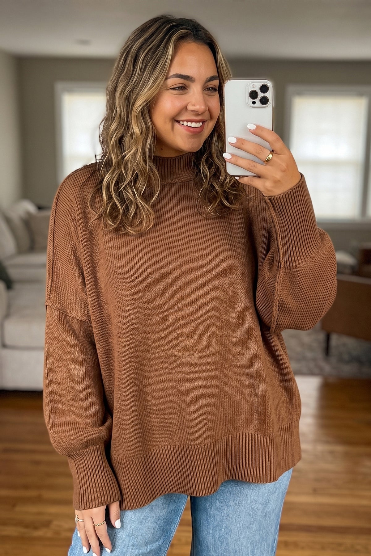 Chestnut Oversized Ribbed Knit Long-Sleeve Tunic Plus Size Sweater