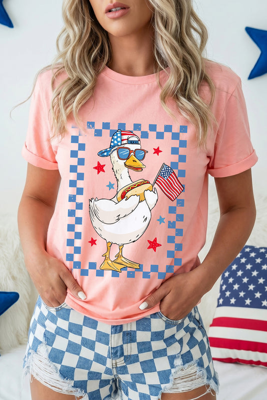 Pink America Goose 4th Of July Patriotic Flag Graphic T-Shirt