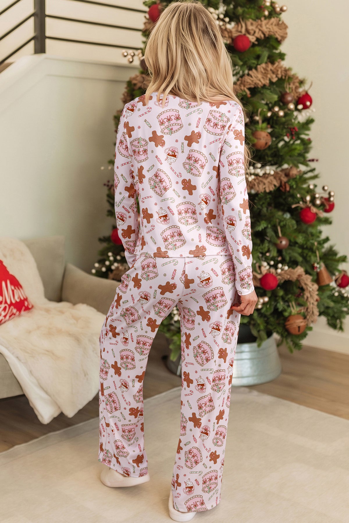 Pink Abstract Christmas Print Long Sleeve Lounge Set