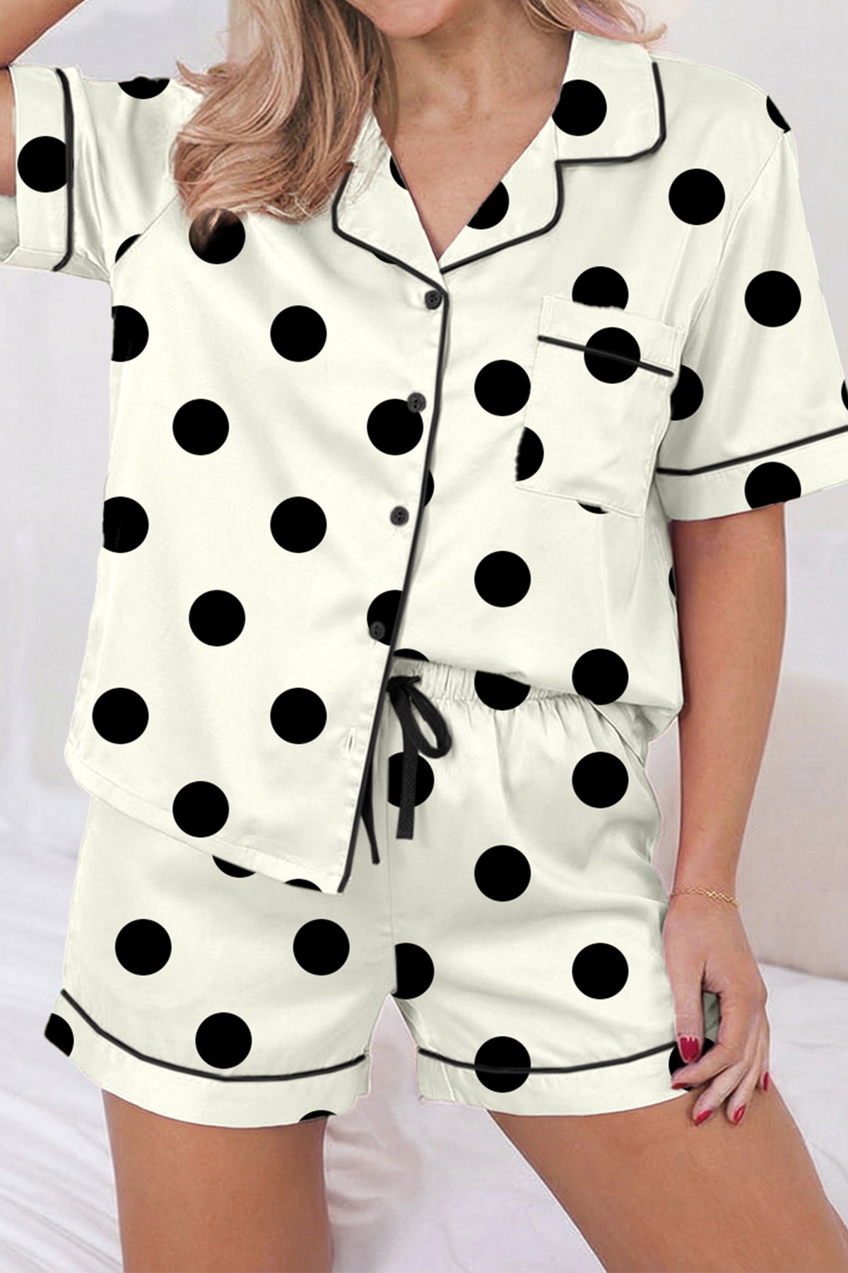 Beige Camouflage Print Lapel Shirt Drawstring Short Pajama Set