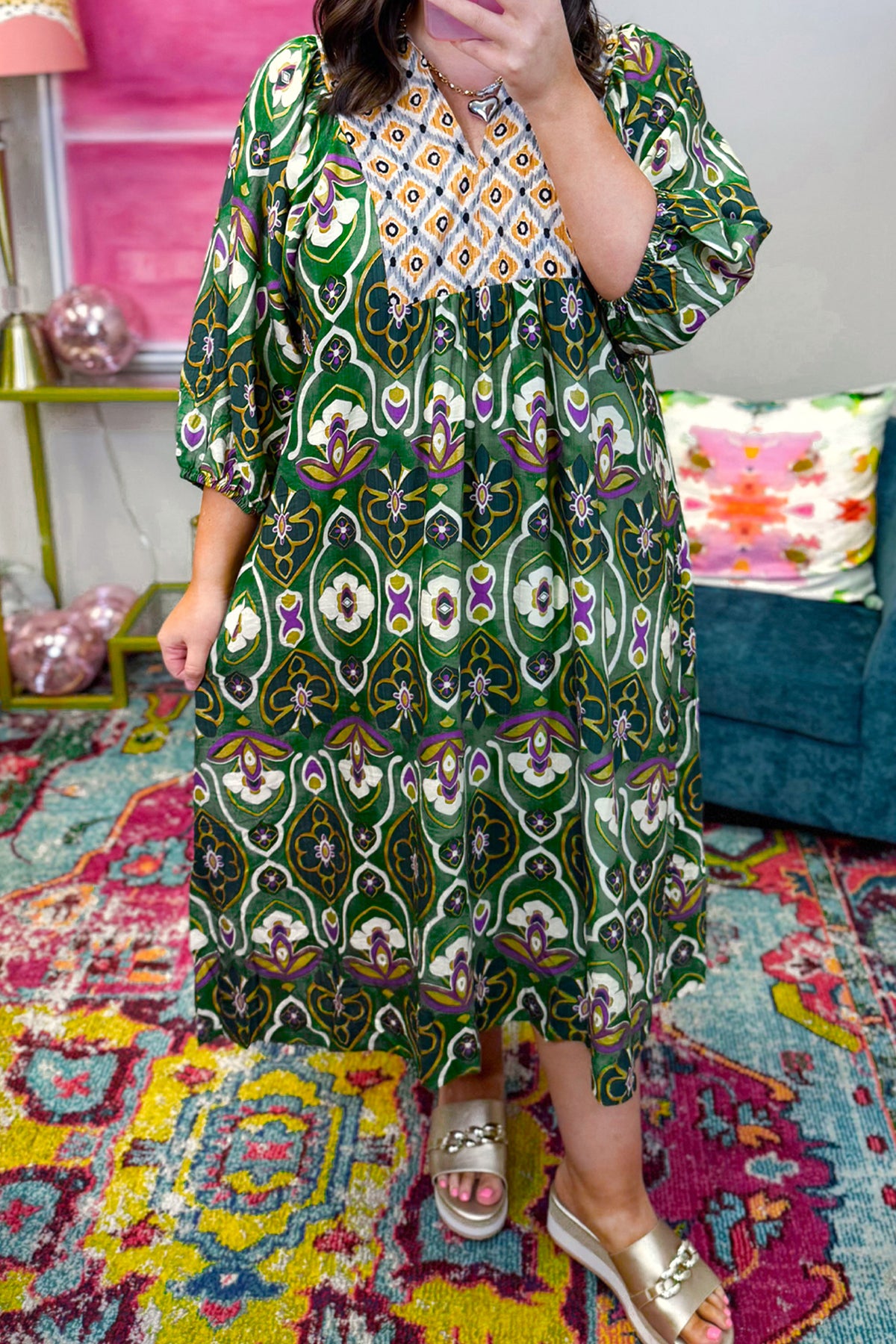Green Plus Size Mixed Floral Patchwork V-Neck Bracelet Sleeve Maxi Dress