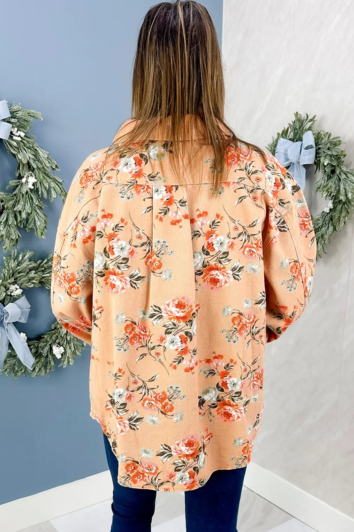 Khaki Floral Print Long Sleeve Denim Jacket Tunic Length Daily Wear