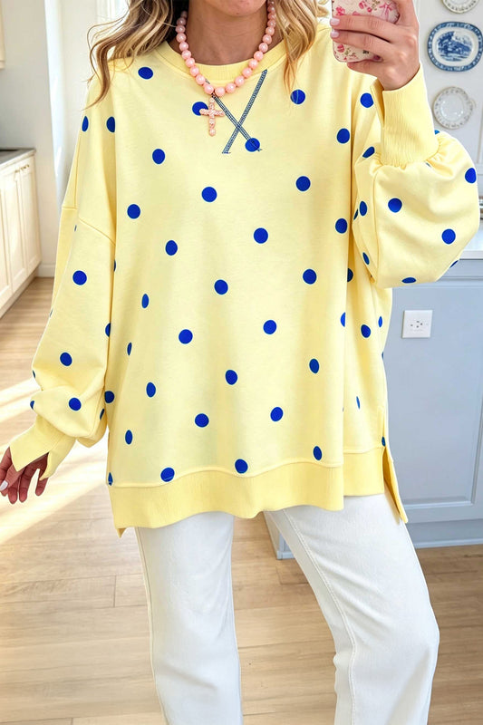 Yellow Polka Dot Long Sleeve Split Hem Pullover Top