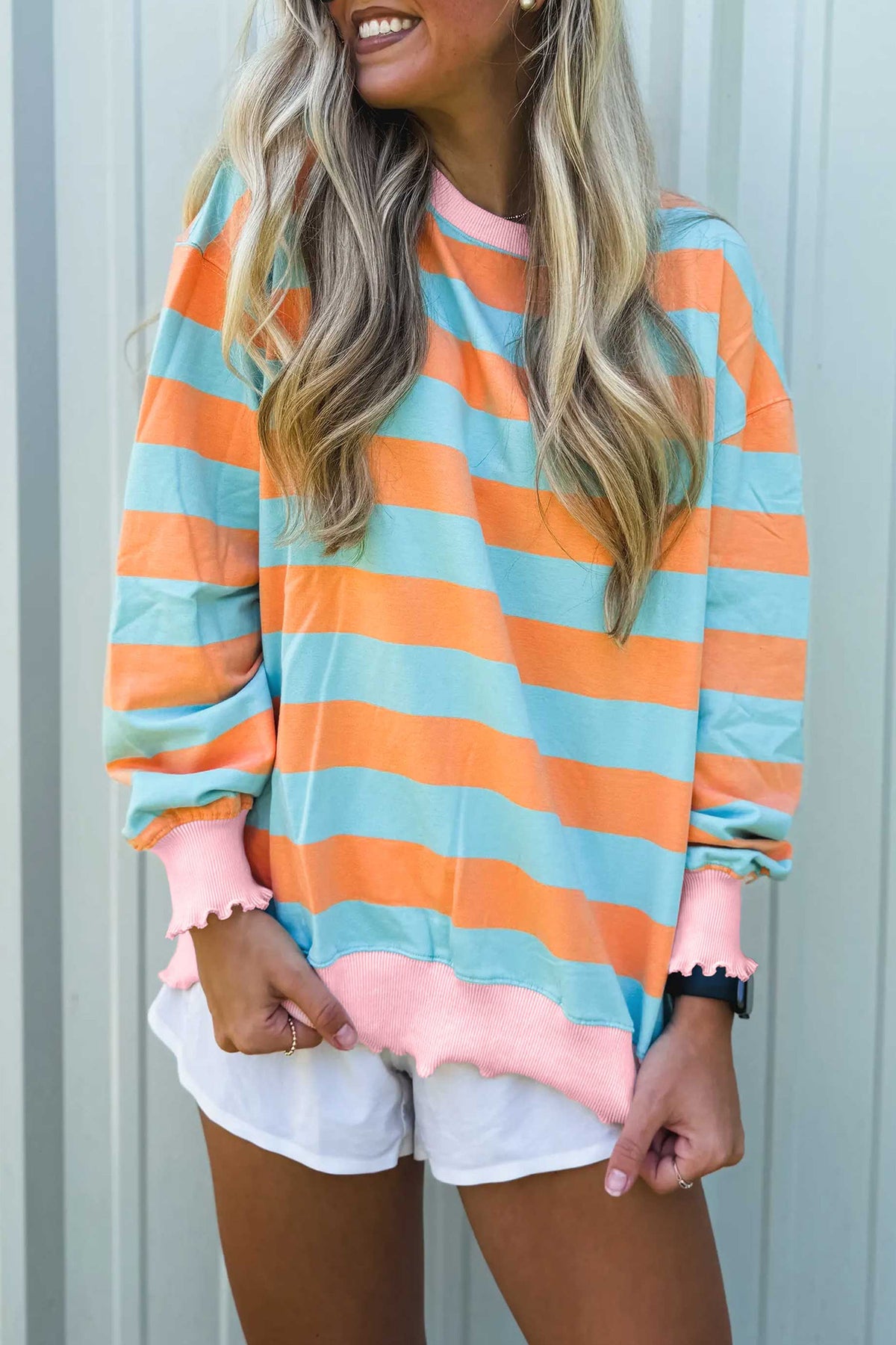Orange Stripe Ribbed Color Block Trim Round Neck Shift Top