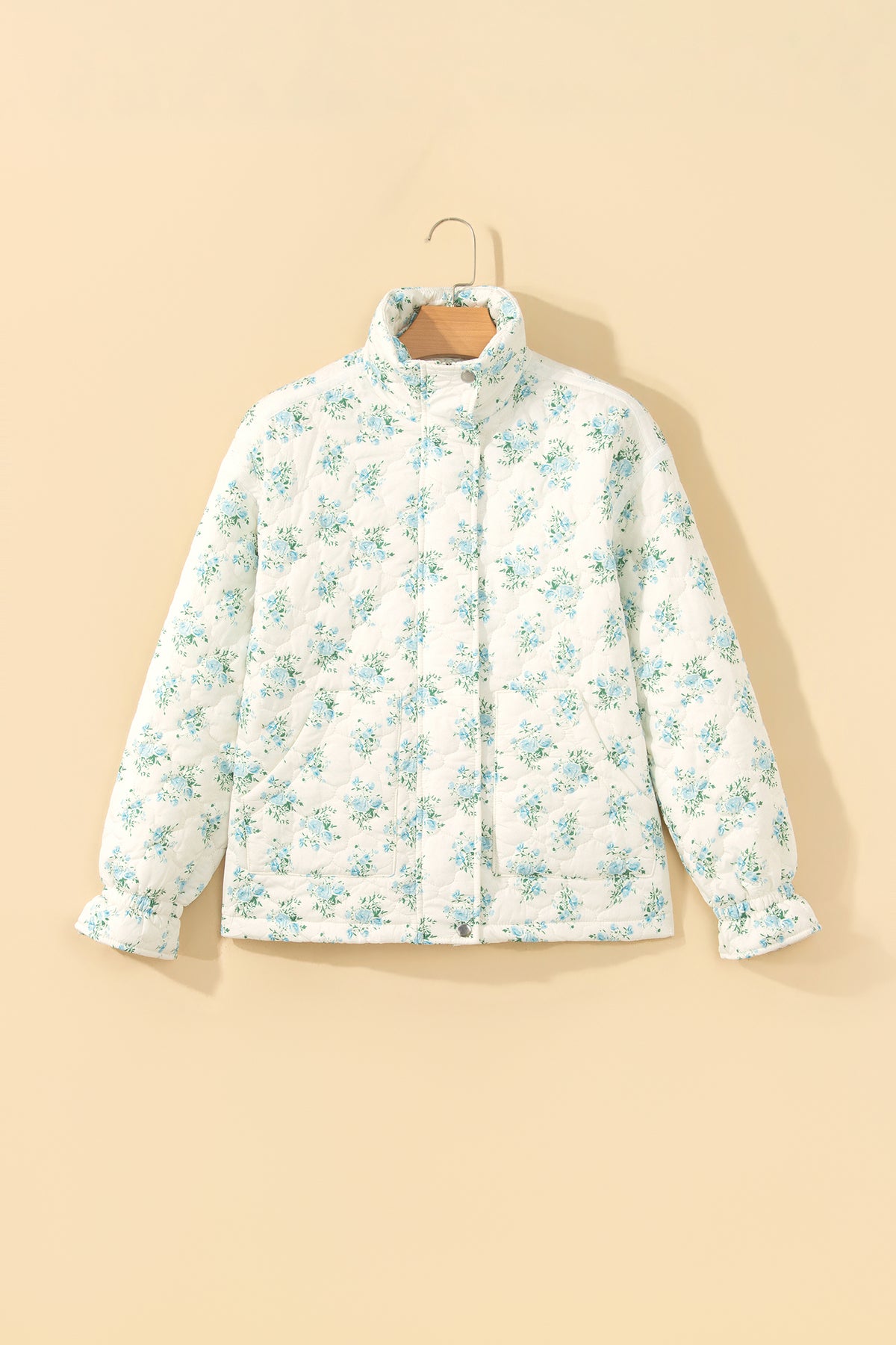 Sky Blue Floral Quilted Flounce Sleeve Puffer Coat