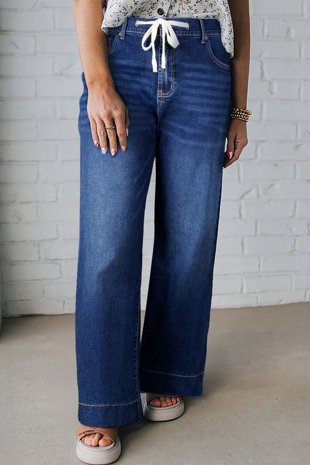 Dark Blue Acid-Wash Contrast Lace-Up Plus Size Jeans