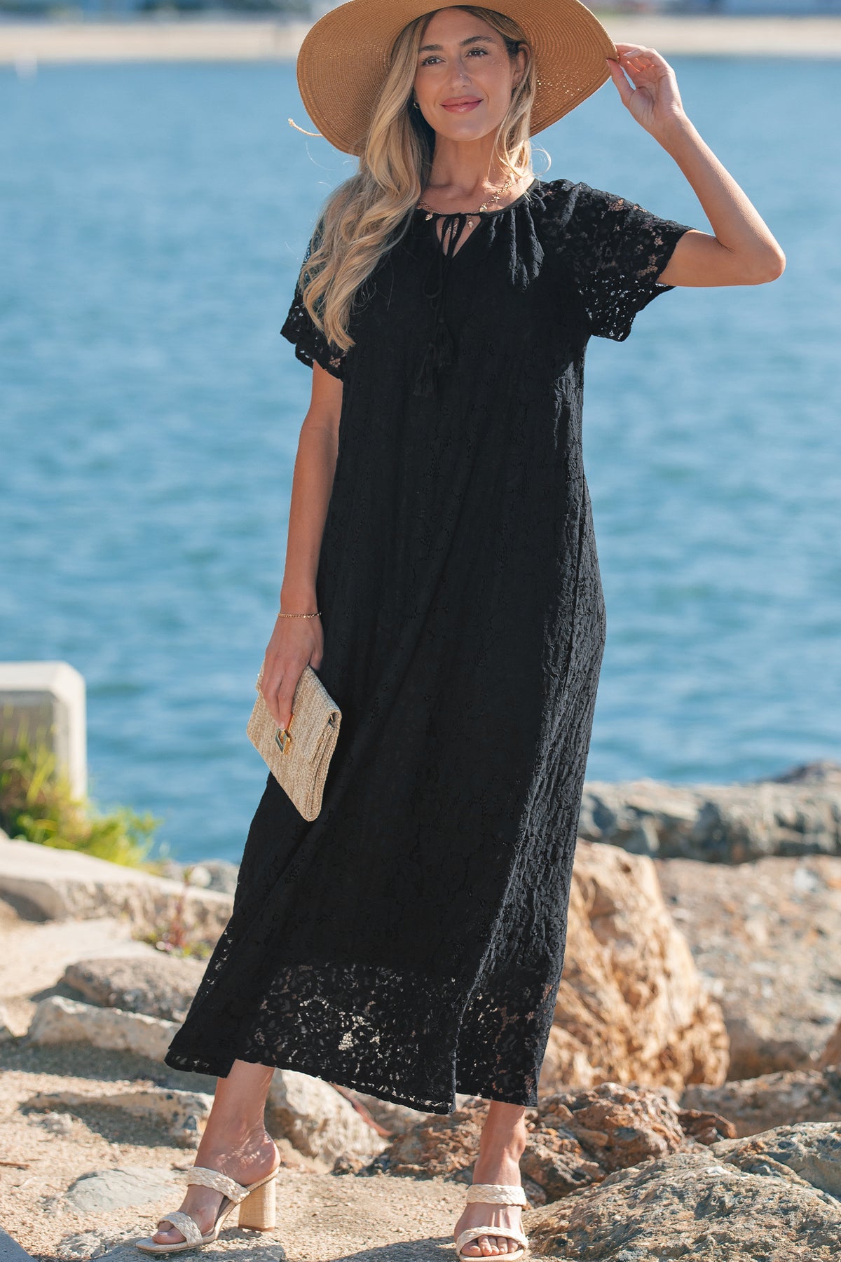 Black Floral Lace Overlay Tassel Tie Beach Vacation Maxi Dress