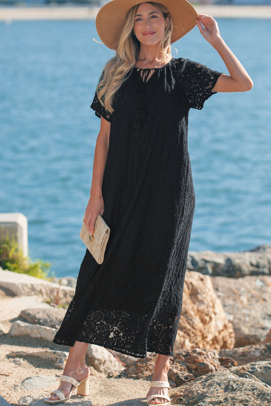 Black Floral Lace Overlay Tassel Tie Beach Vacation Maxi Dress