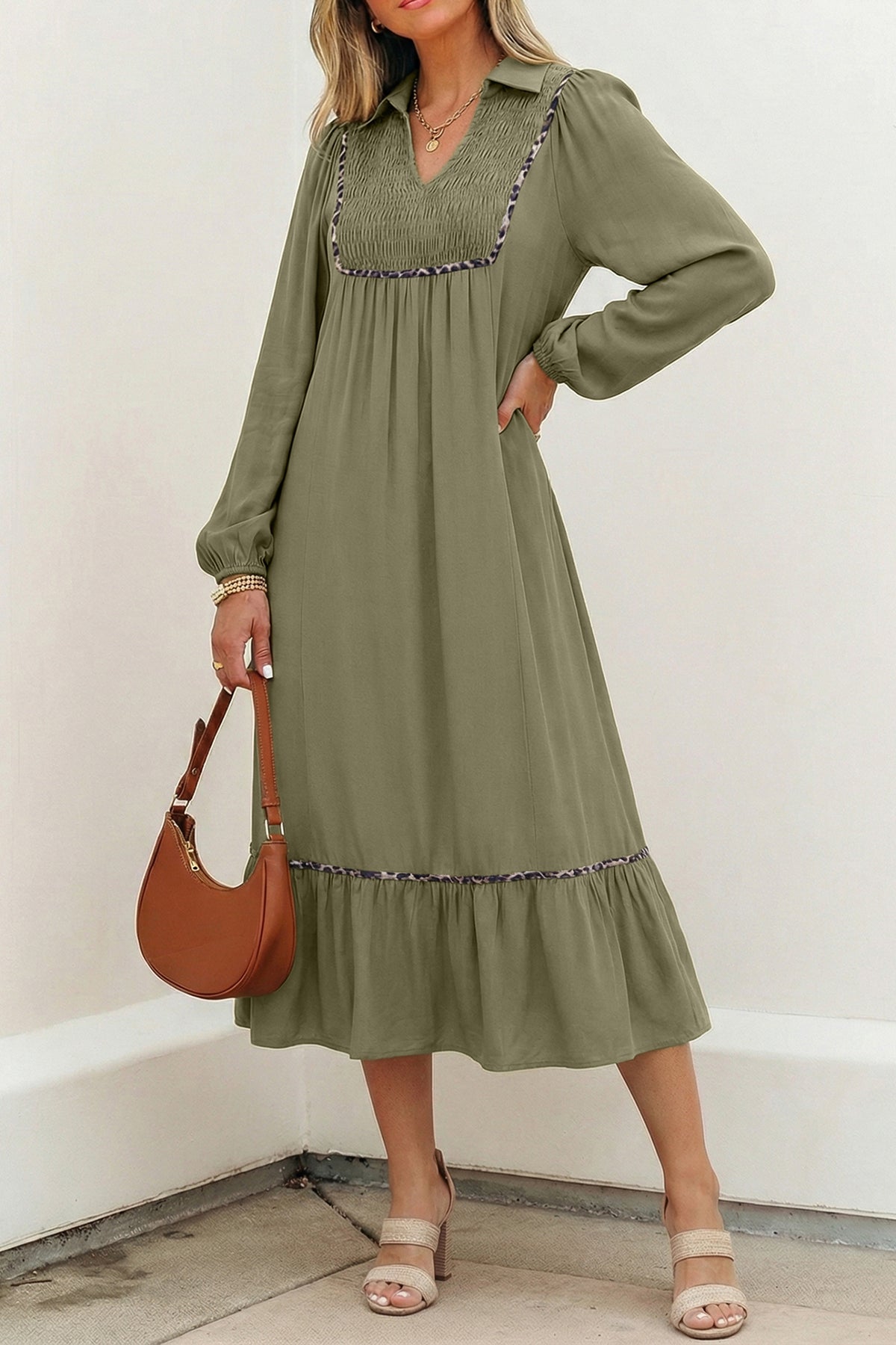Black V Neck Smocked Contrast Leopard Trim Bracelet Sleeve Long Dress