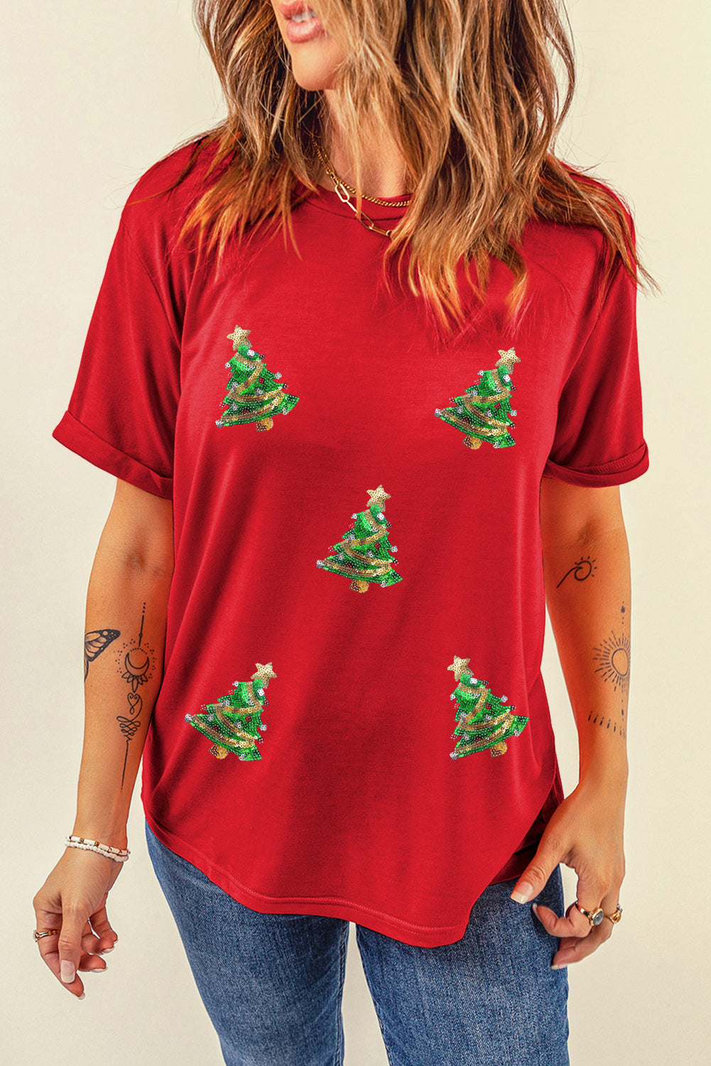 Red Sequined Christmas Tree Graphic Crewneck T-Shirt