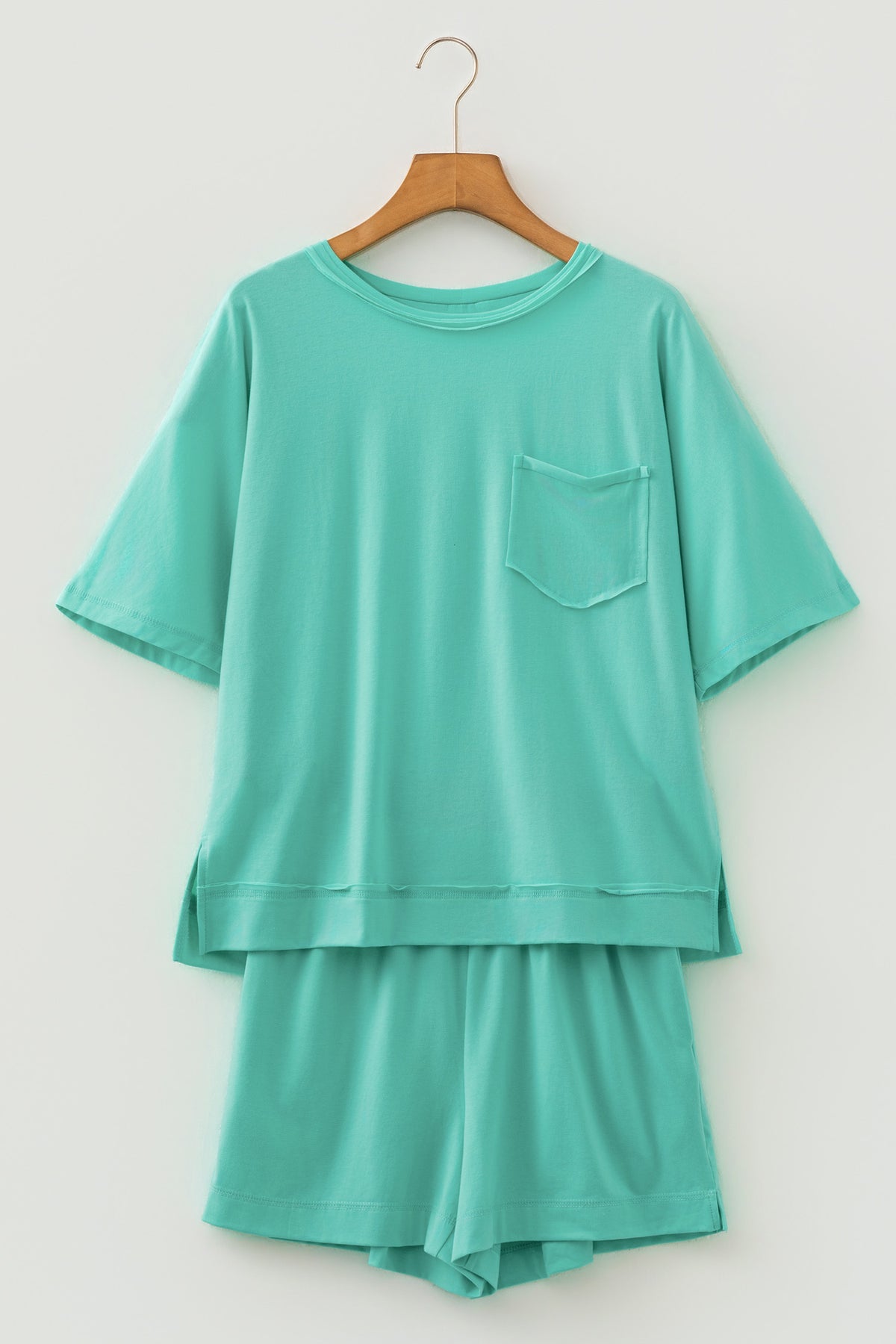 Women's Mint Green Raw Edge Patch Pocket Oversized Top & Shorts Set