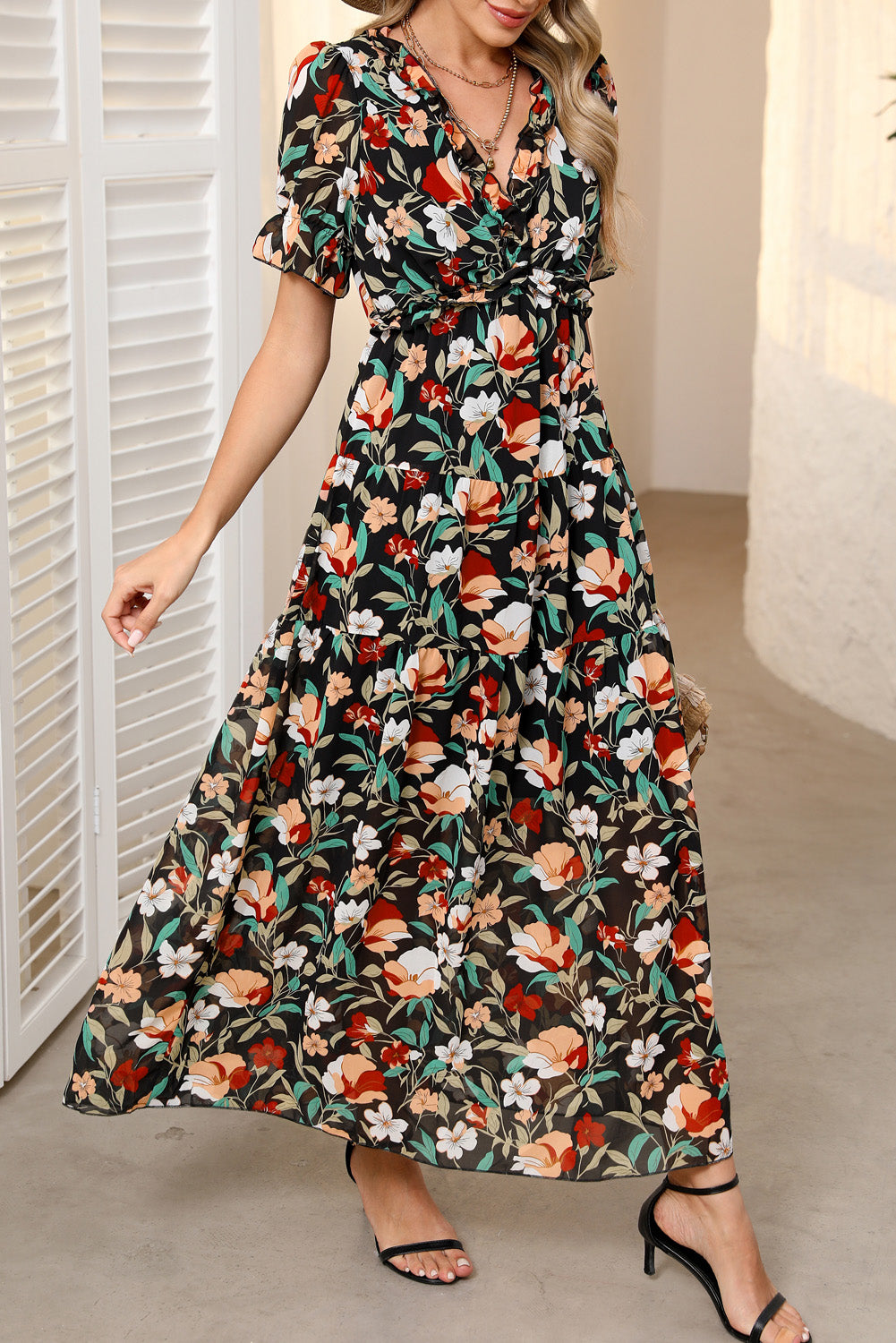 Sky Blue Fiery Floral Print V Neck Short Sleeve Maxi Dress