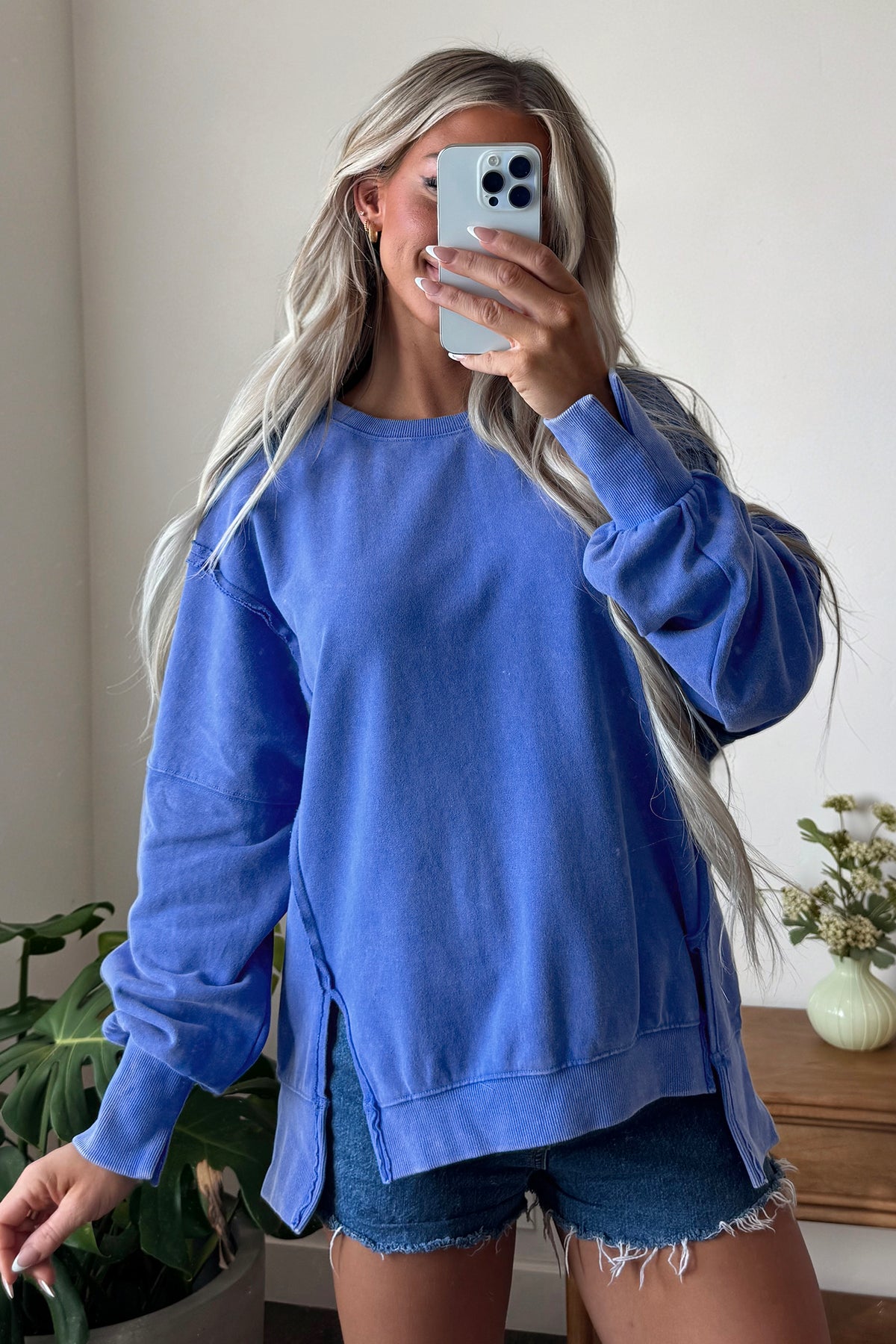 Sky Blue Mineral Wash Split Hem Tunic Sweatshirt