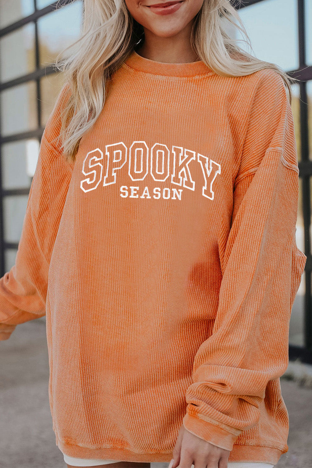 Orange SPOOKY SEASON Embroidered Letter Graphic Twisted Ribbed Sweatshirt
