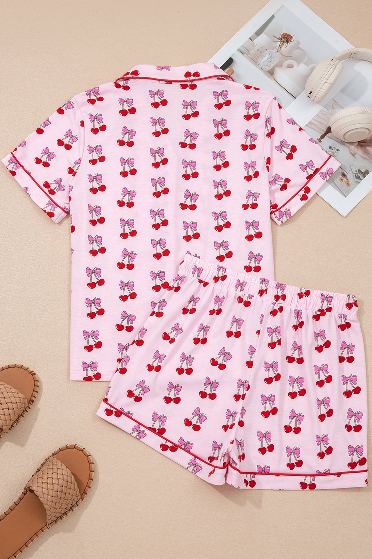 Pink Cherry and Bow Print Short Pajama Set
