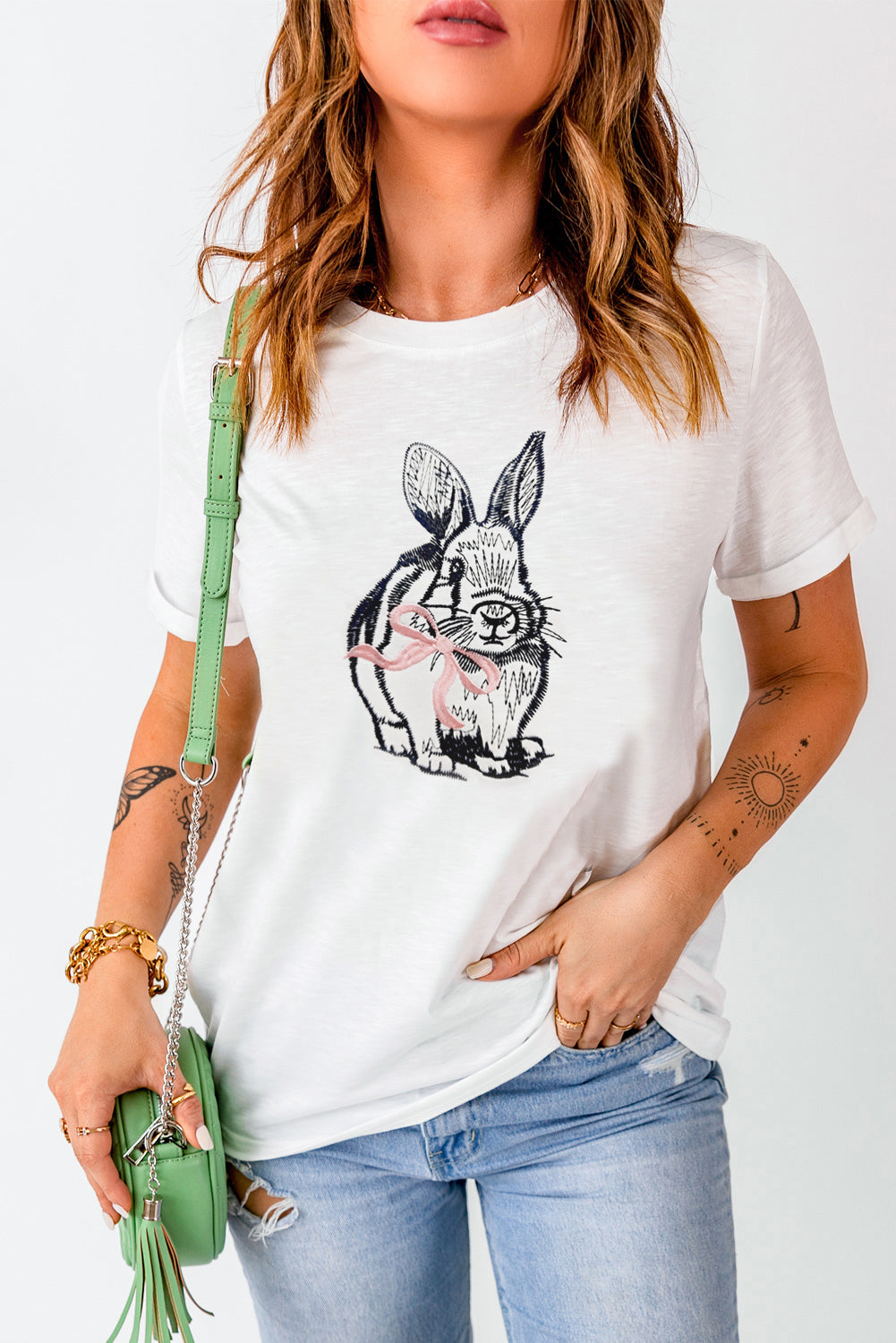 White Bunny Embroidered Bow Graphic Tee