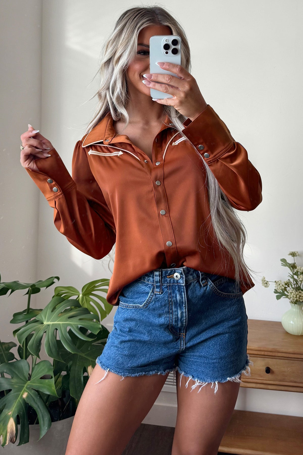 Cinnamon Silky Button Front Western Fashion Shirt