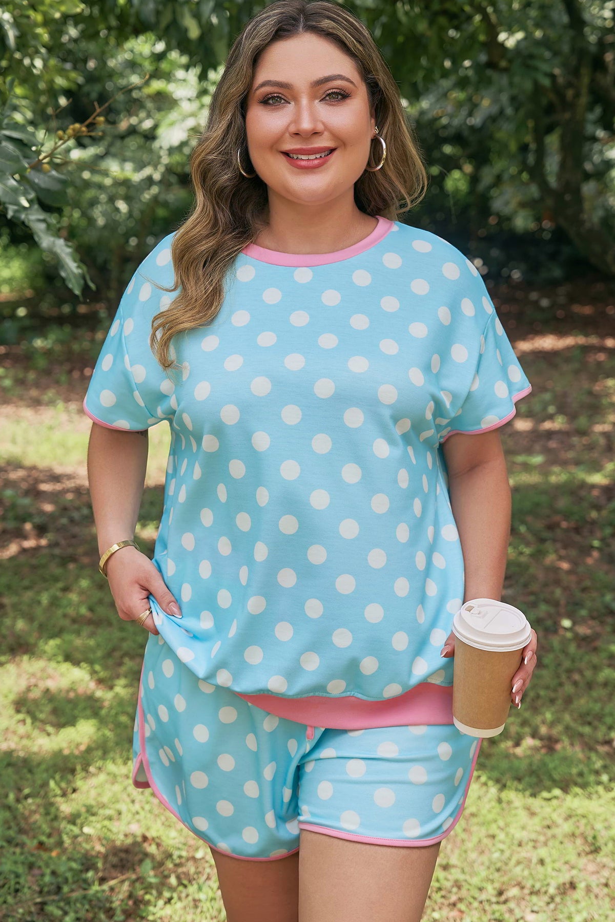 Sky Blue Polka Dot Print Color-Block Trim Plus Size 2pcs Shorts Set