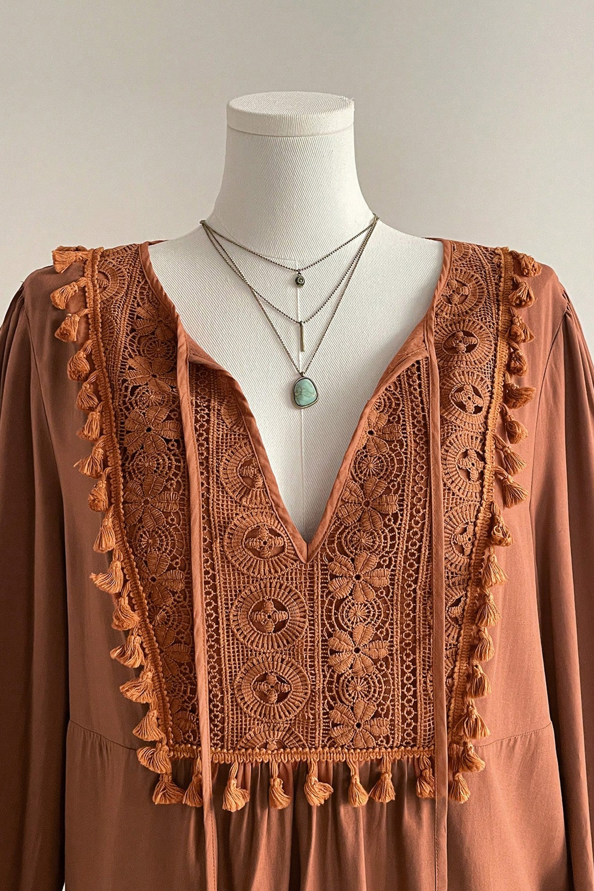 Chestnut Boho V-Neck Embroidered Tassel Long-Sleeve Plus Size Blouse