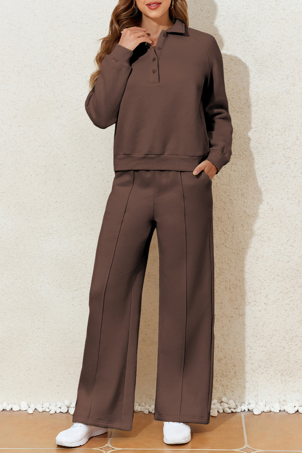Dark Brown Solid Sweatshirt and High Waist Pants Active Set