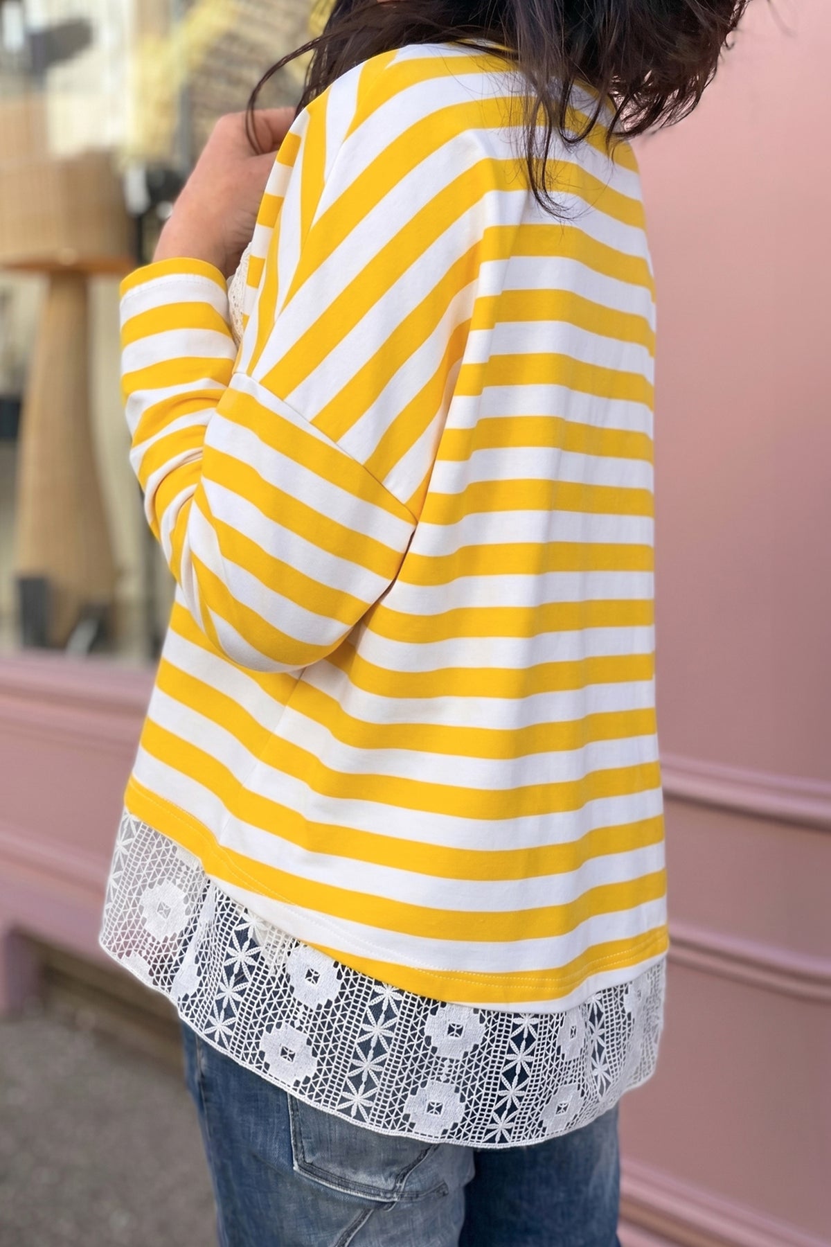 Yellow Stripe Striped Lace Patchwork V Neck Top