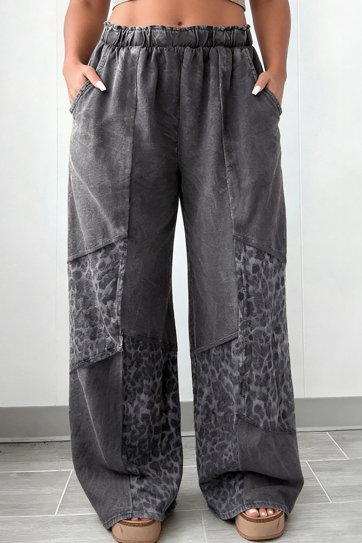 Dark Grey Plus Size Leopard Patchwork Mineral-Wash Wide-Leg Pants