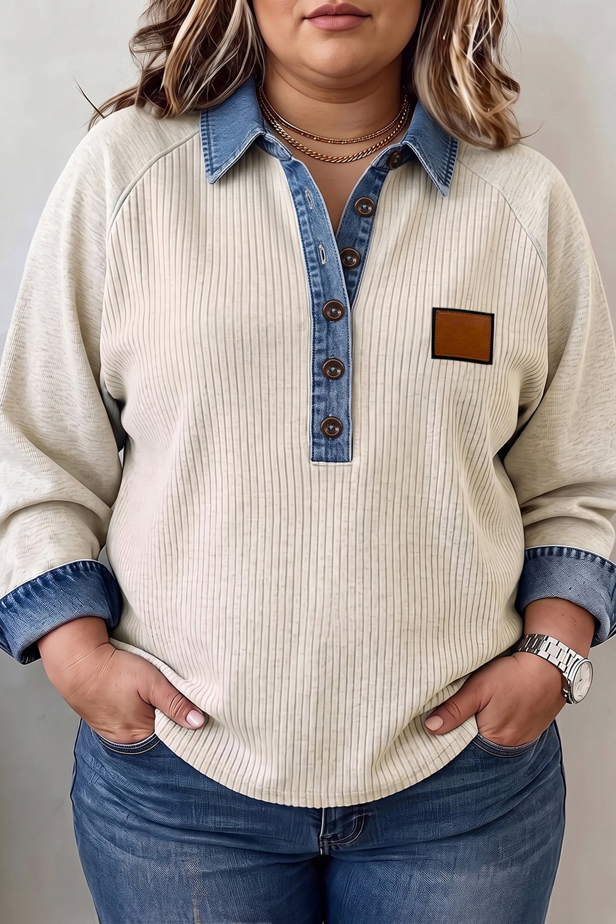 Light Grey V-Neck Long-Sleeve Tunic Top with Denim Collar Cuffs Ribbed Texture Plus Size Blouse