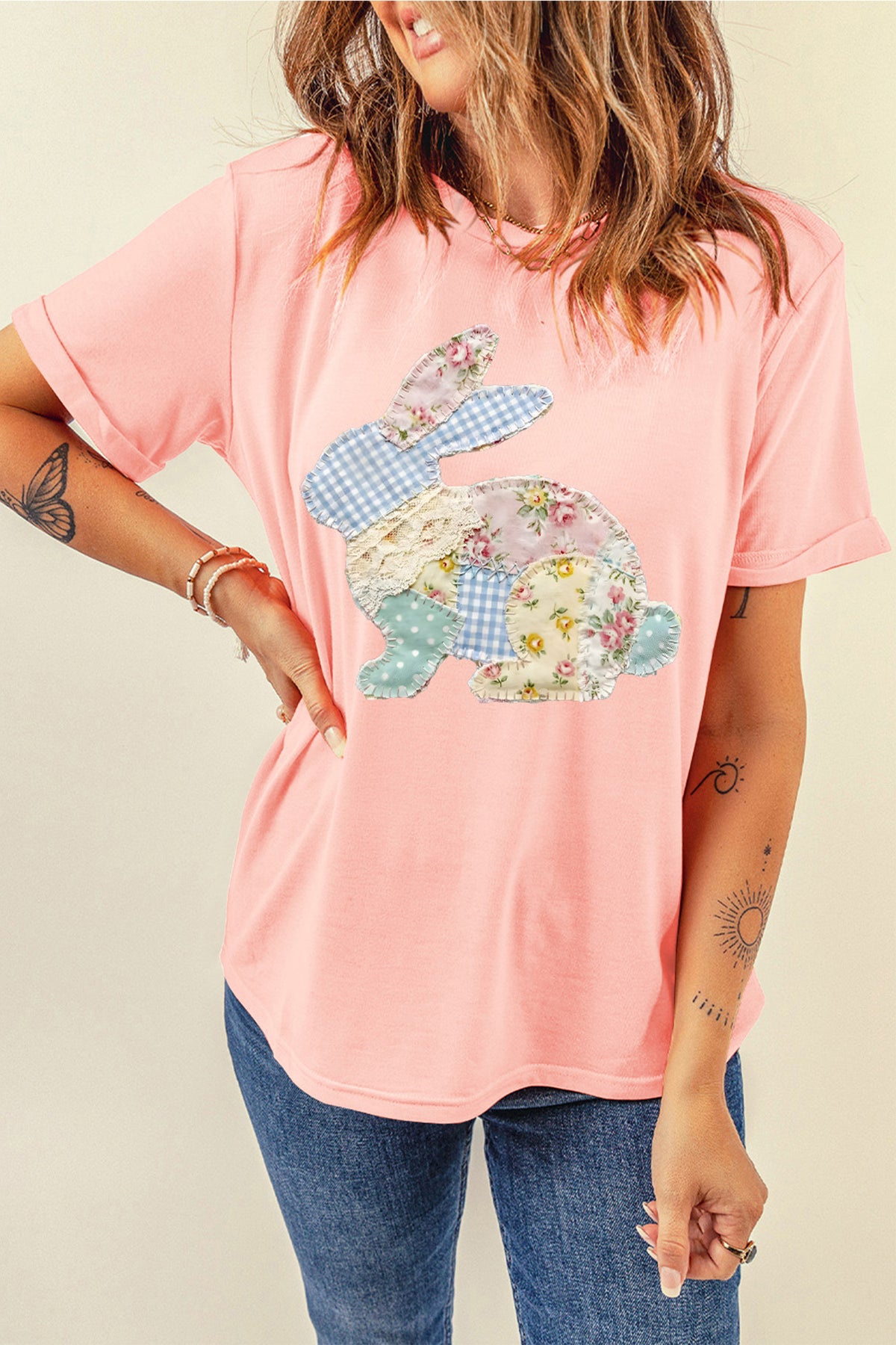 Pink Vibrant Easter Bunny Patchwork Printed T-Shirt