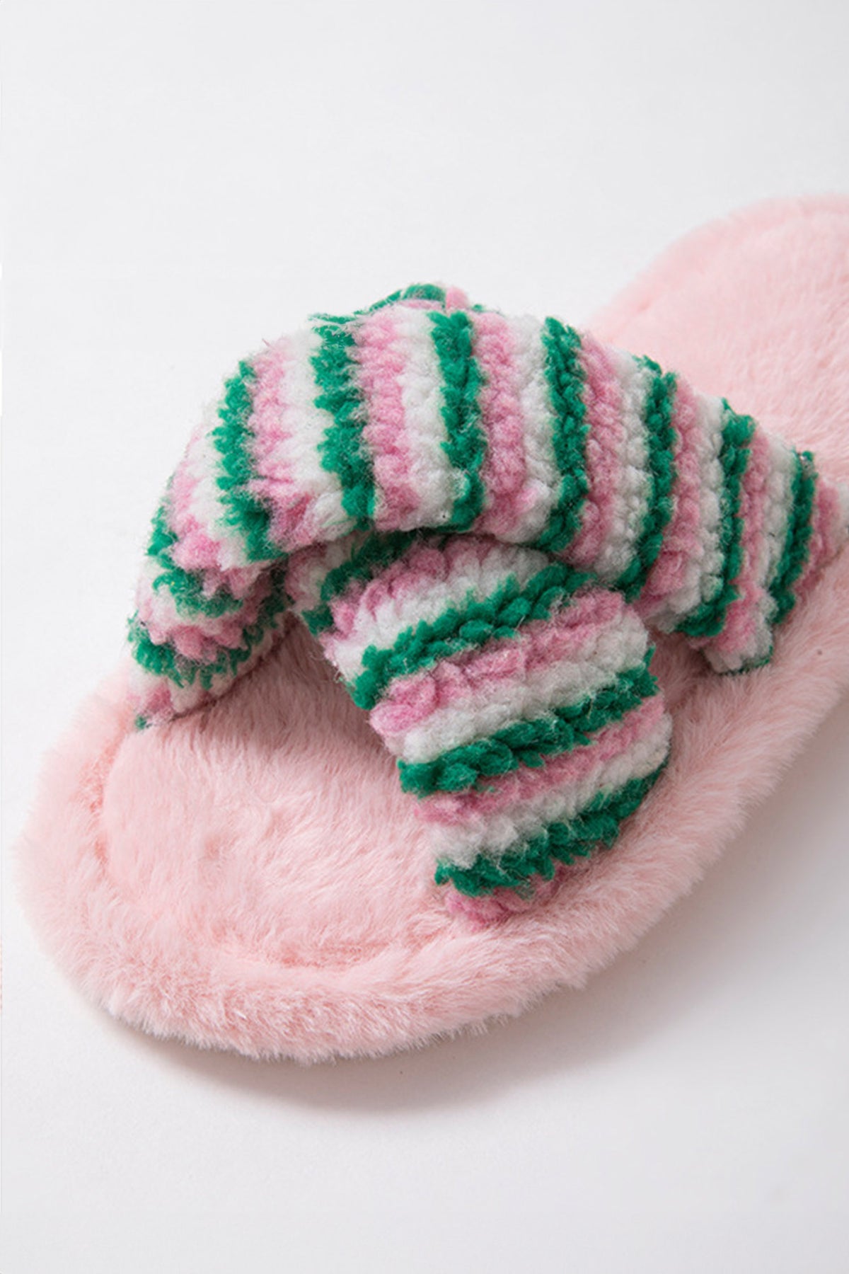 Pink Striped Cross Band Soft Plush Open-Toe Slippers