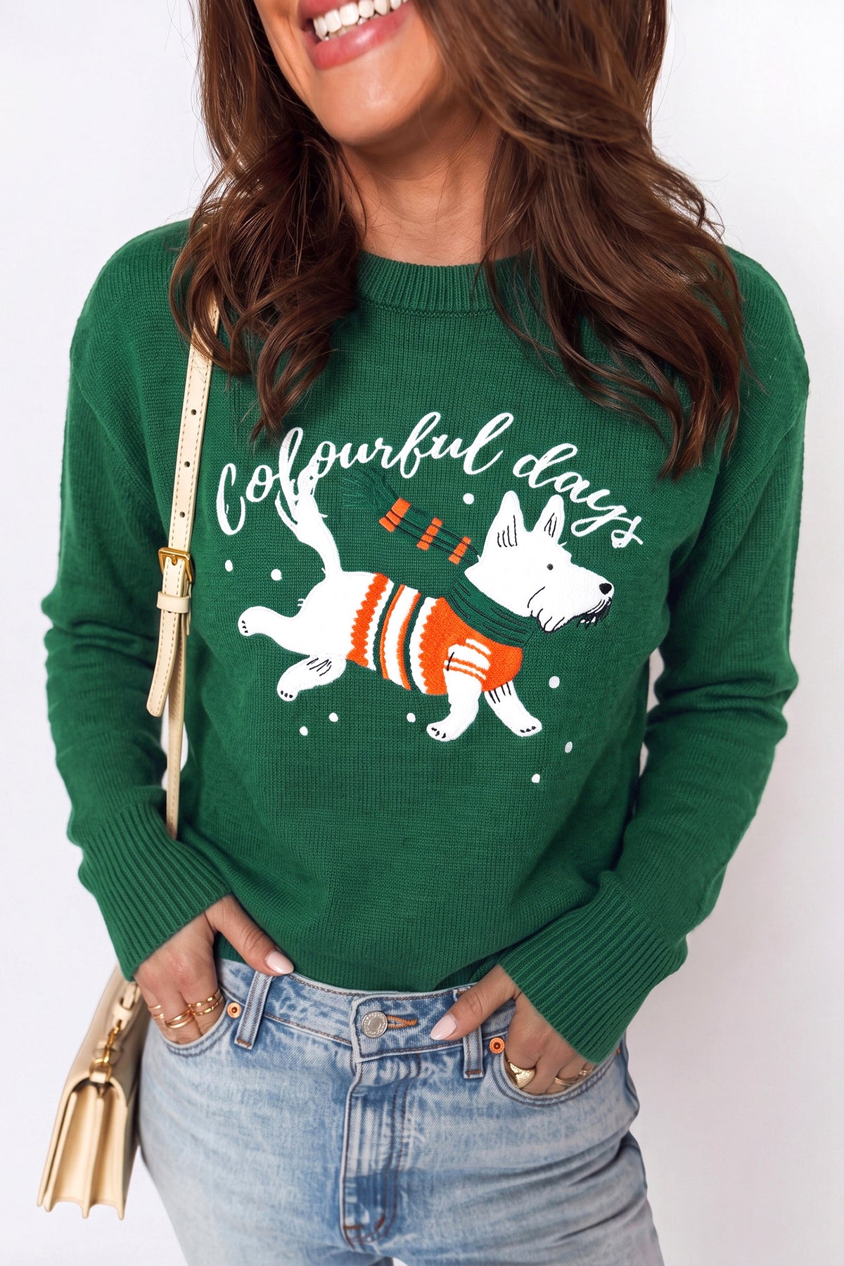Blackish Green Abstract Dog Embroidery Christmas Round Neck Sweater