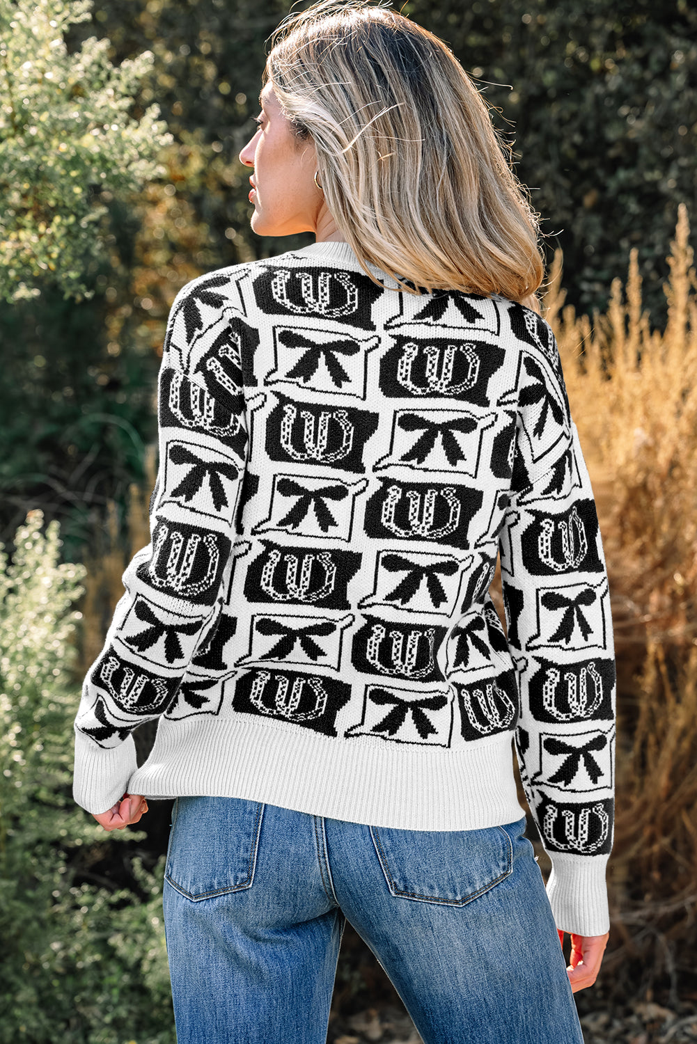 Black Bows & Horseshoes Pattern Western Print Sweater