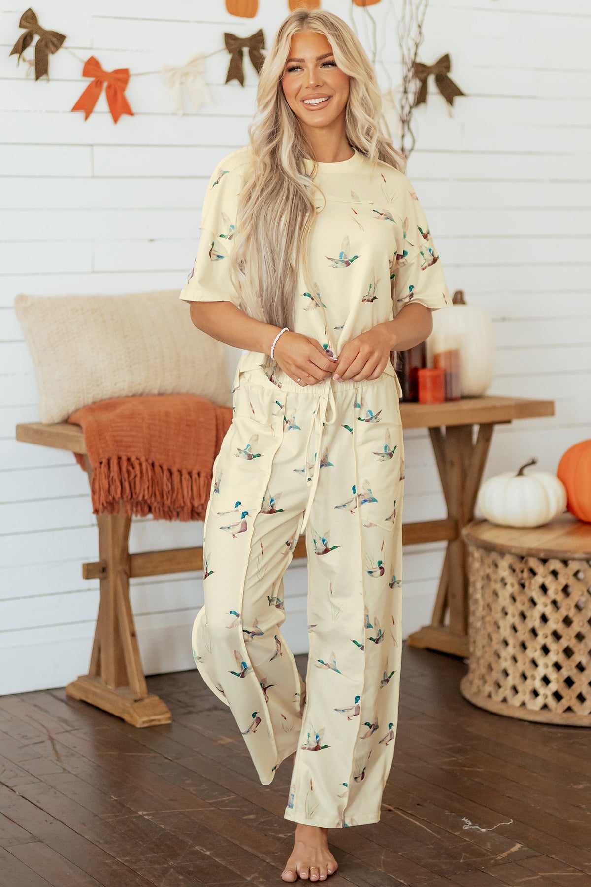 Beige Duck Print Short Sleeve Top Pocket Pants Casual Set