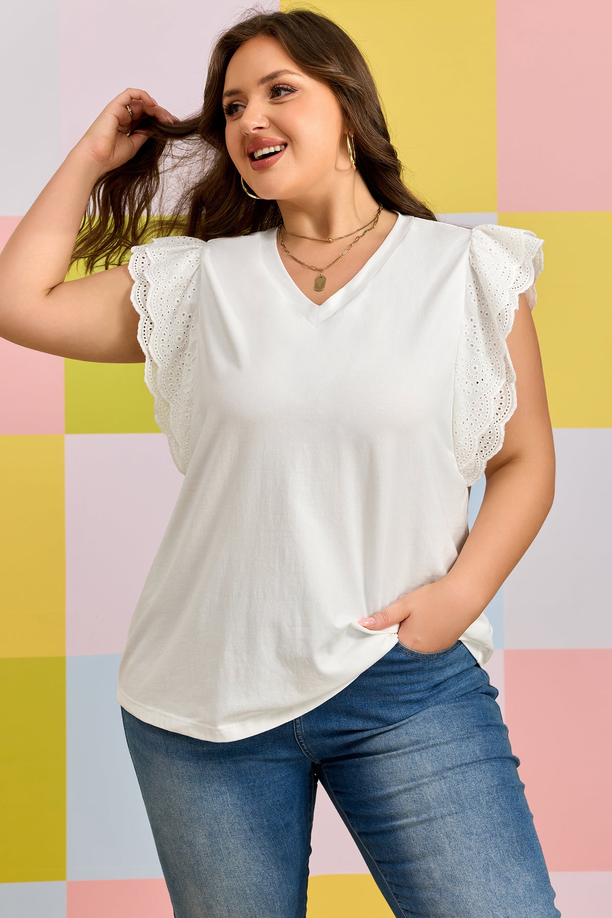 White Eyelet Crochet Splicing Short-Sleeve Plus Size Tee