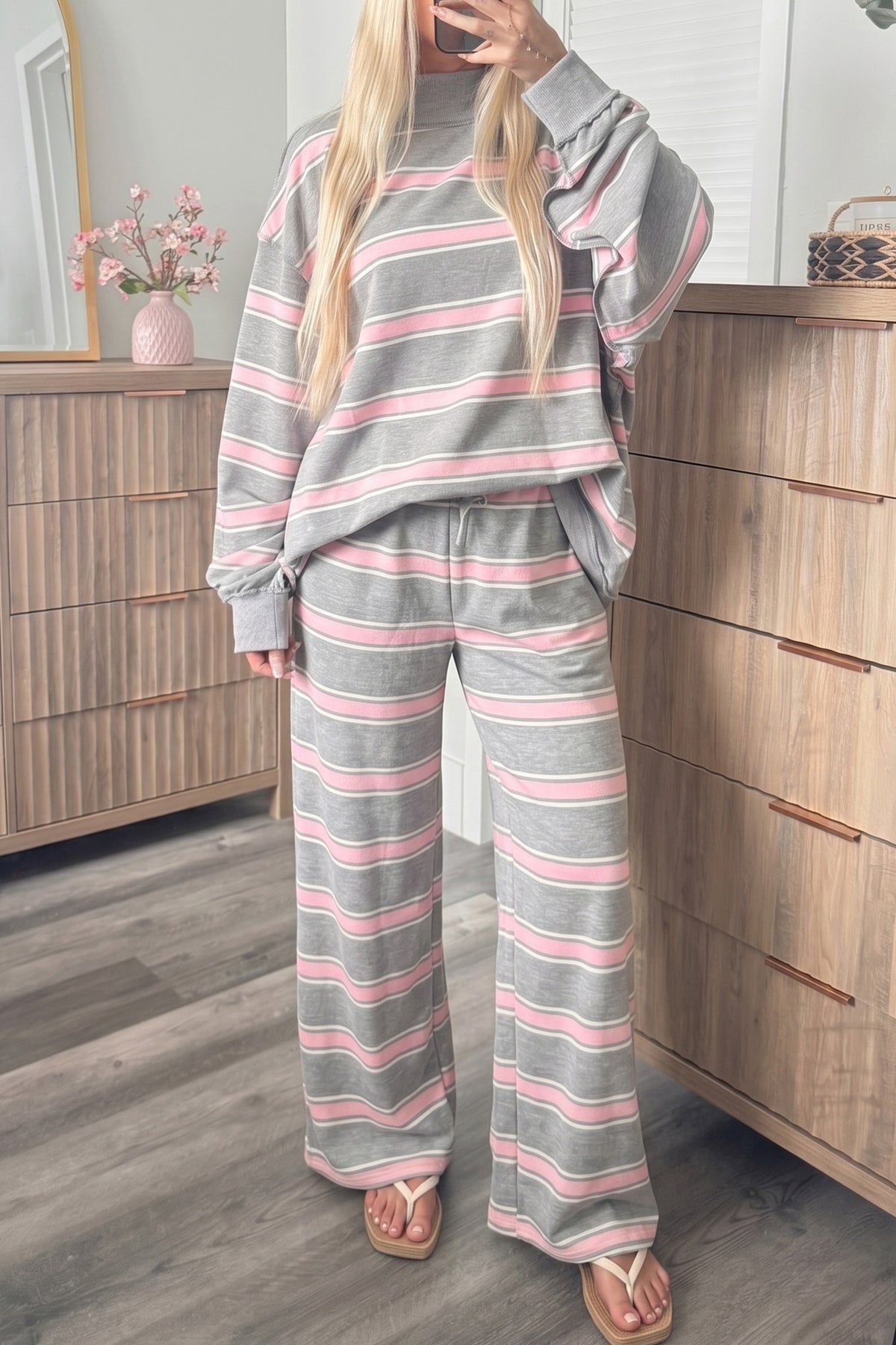 Pink Stripe Mock Neck Top and Loose Pants Set
