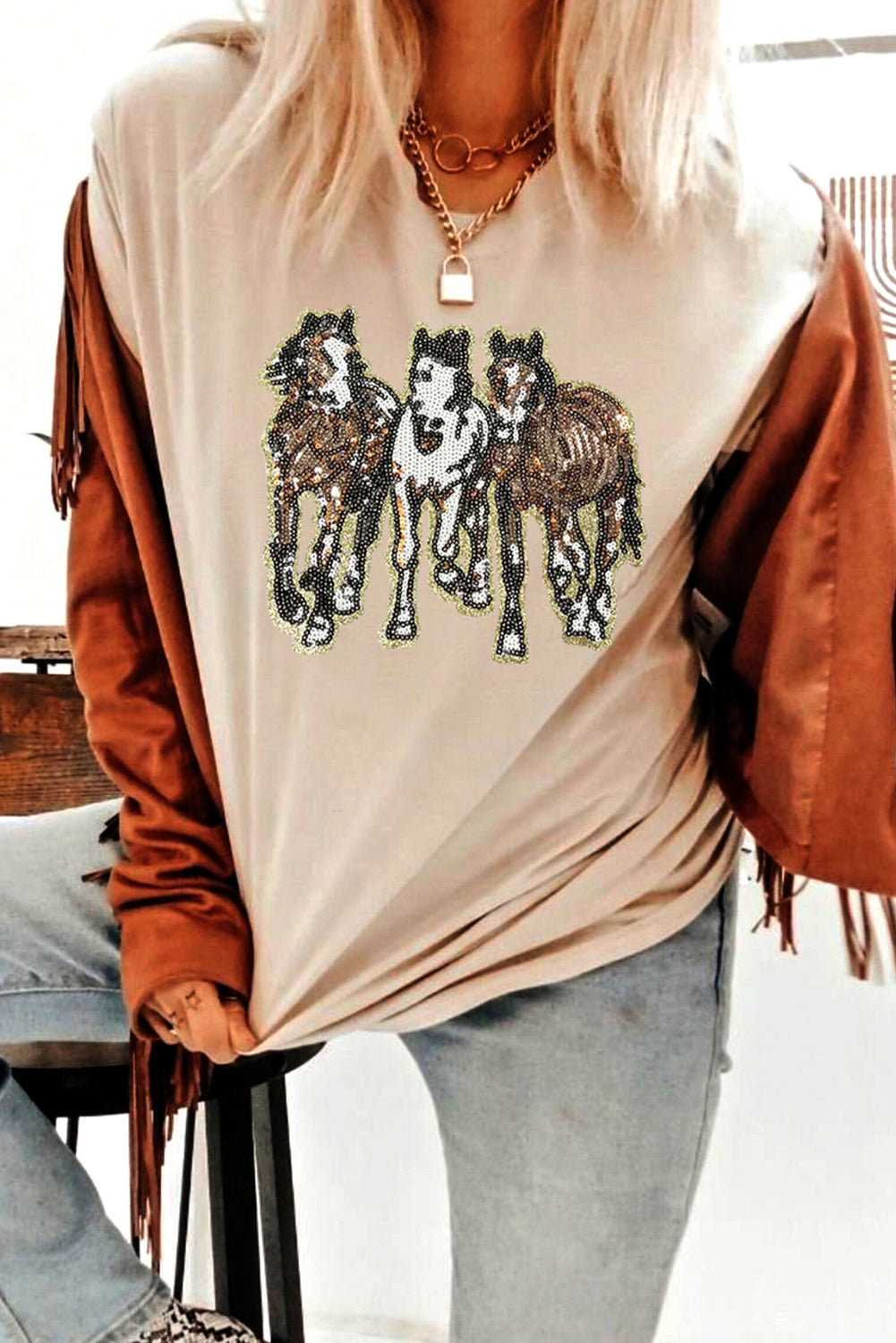 Khaki Sequin Horses Patched Casual Crewneck T-Shirt