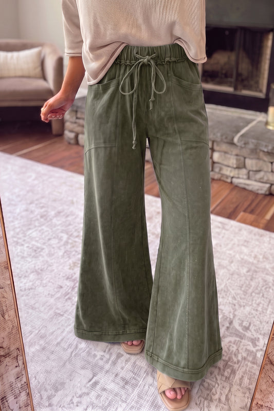 Jungle Green Mineral Wash Seam Flare Leg Drawstring Pants