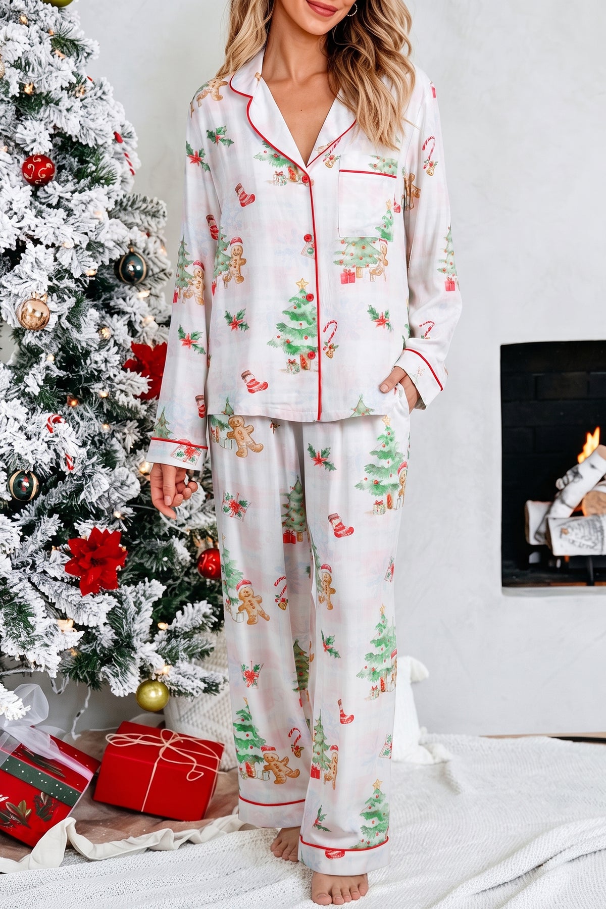 Pink Plaid Gingerbread Man Christmas Print Long Lounge Set