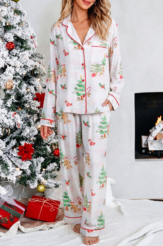 Pink Plaid Gingerbread Man Christmas Print Long Lounge Set