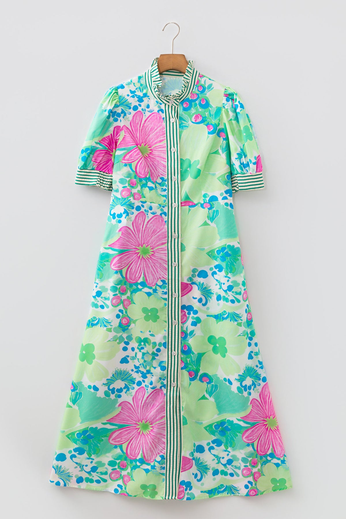 Green Stripe Floral Print Striped Short Sleeve Vacation Dress