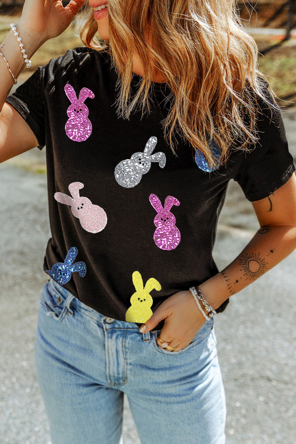 Black Sequin Bunny Doll Graphic Easter Day T-Shirt