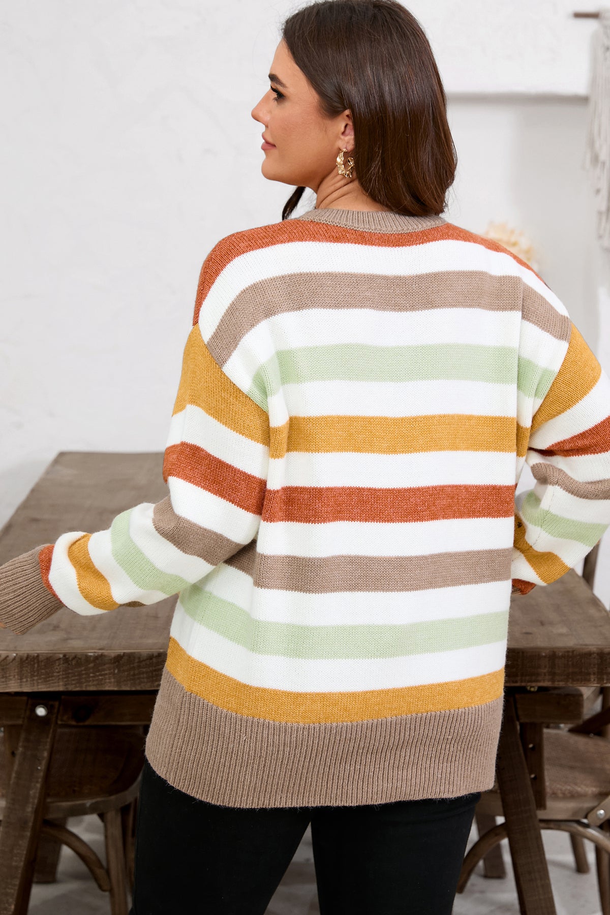 Multicolour Striped Color-Block Drop-Shoulder Plus Size Sweater