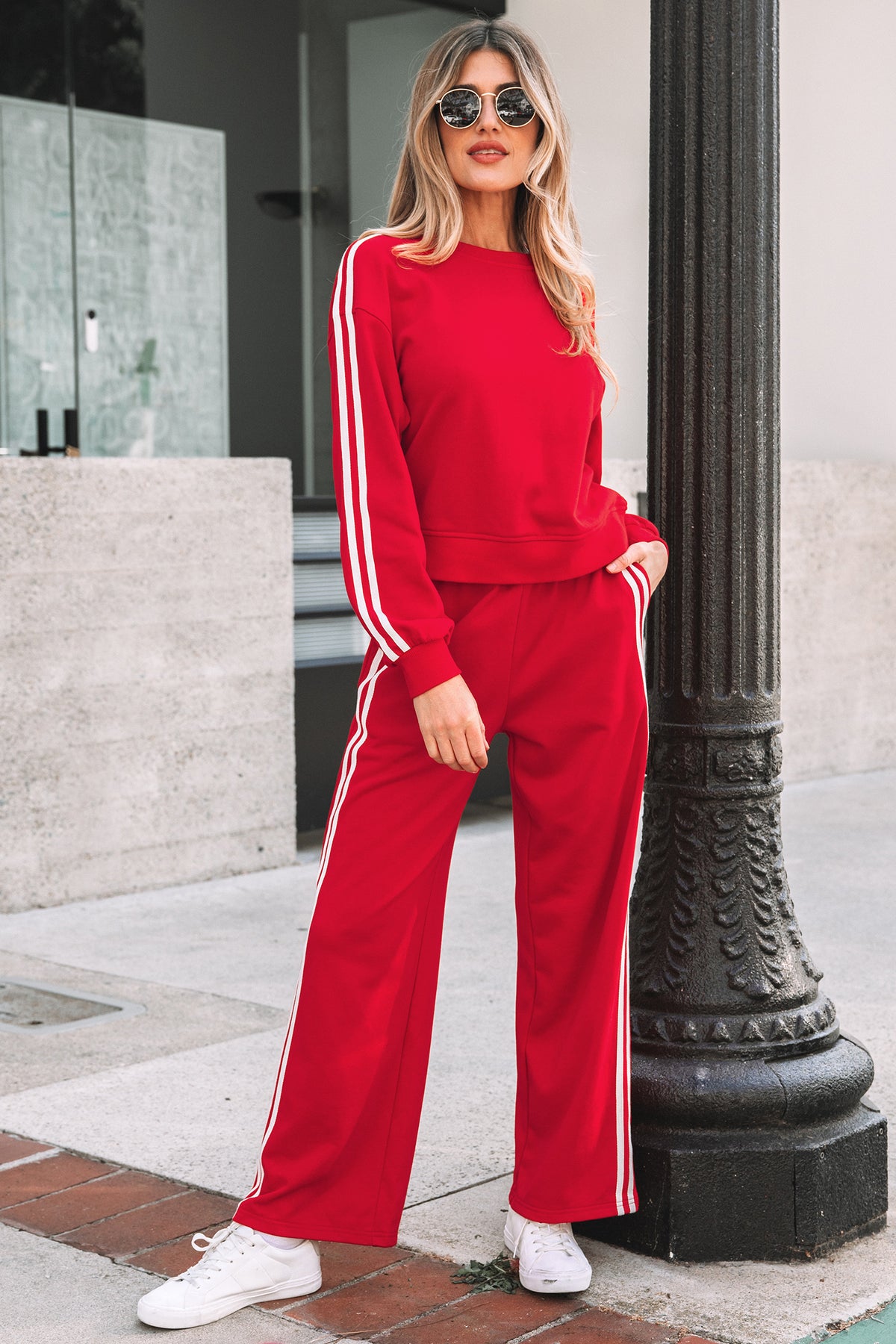 Oatmeal Varsity Striped Detail Crewneck Pullover Elastic Sweatpants 2pcs Outfit