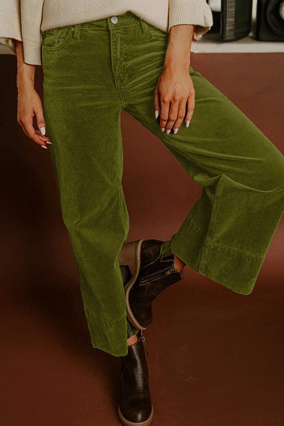 Burgundy Corduroy Solid High Waist Wide Leg Pants