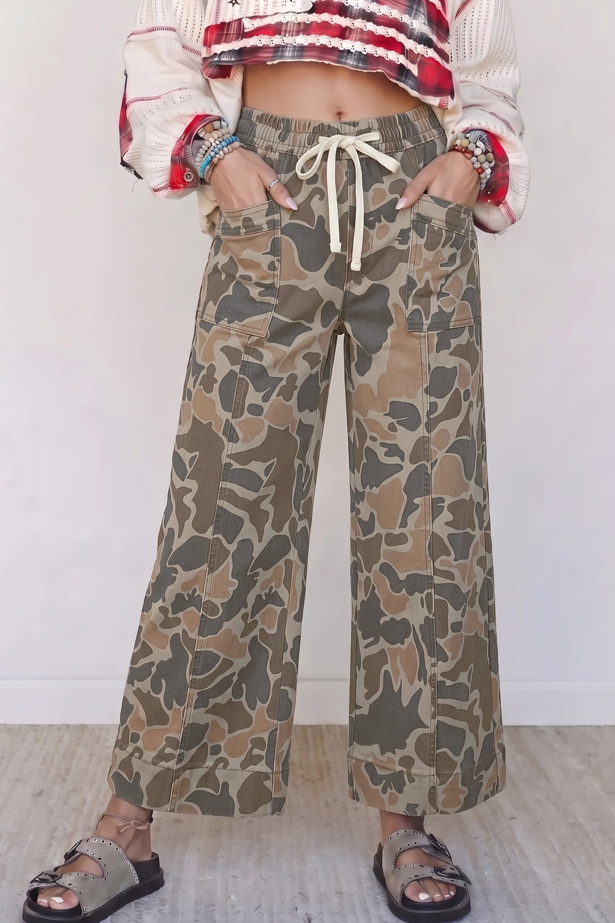 Multicolor Camo Drawstring Waist Pocket Jeans