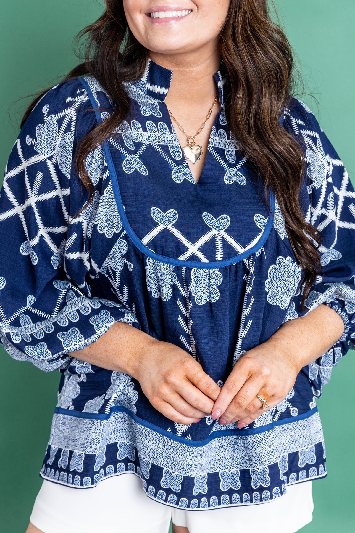 Blue Plus Size Floral Printed Notched Neck Long-Sleeve Blouse