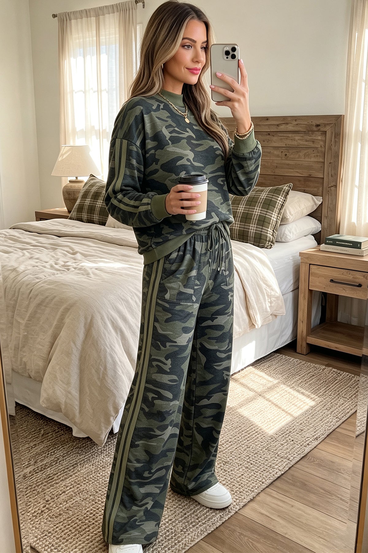Multicolour Camouflage Patchwork Striped Long Sleeve Top Pants Set