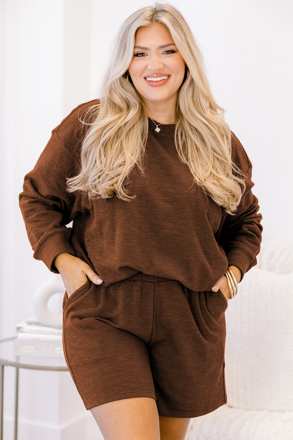 Chestnut Drop-Shoulder Long-Sleeve Top Elastic-Waist Shorts Plus Size Set