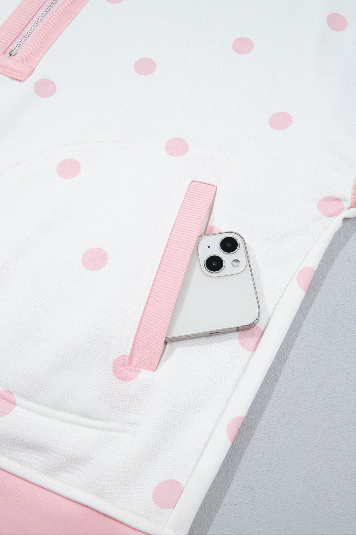 Pink Polka Dot Half Zip Drop Shoulder Sweatshirt